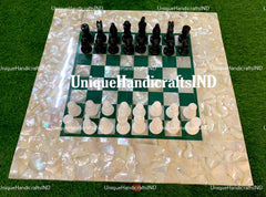 Christmas Gifts Chess board / Malachite & Mother of Pearls Stone Marble Chess Table Top / Board Game Best Gift for Man Unique Handicrafts IND