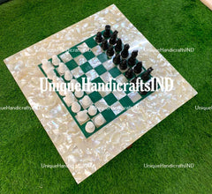 Christmas Gifts Chess board / Malachite & Mother of Pearls Stone Marble Chess Table Top / Board Game Best Gift for Man Unique Handicrafts IND