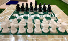 Christmas Gifts Chess board / Malachite & Mother of Pearls Stone Marble Chess Table Top / Board Game Best Gift for Man Unique Handicrafts IND