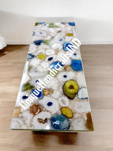 Console Table / White Quartz Stone With Blue & Yellow Agate stone/ Handmade Natural Agate Gem stones Counter Top Slab Home Decor Unique Handicrafts IND