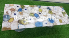 Console Table / White Quartz Stone With Blue & Yellow Agate stone/ Handmade Natural Agate Gem stones Counter Top Slab Home Decor Unique Handicrafts IND