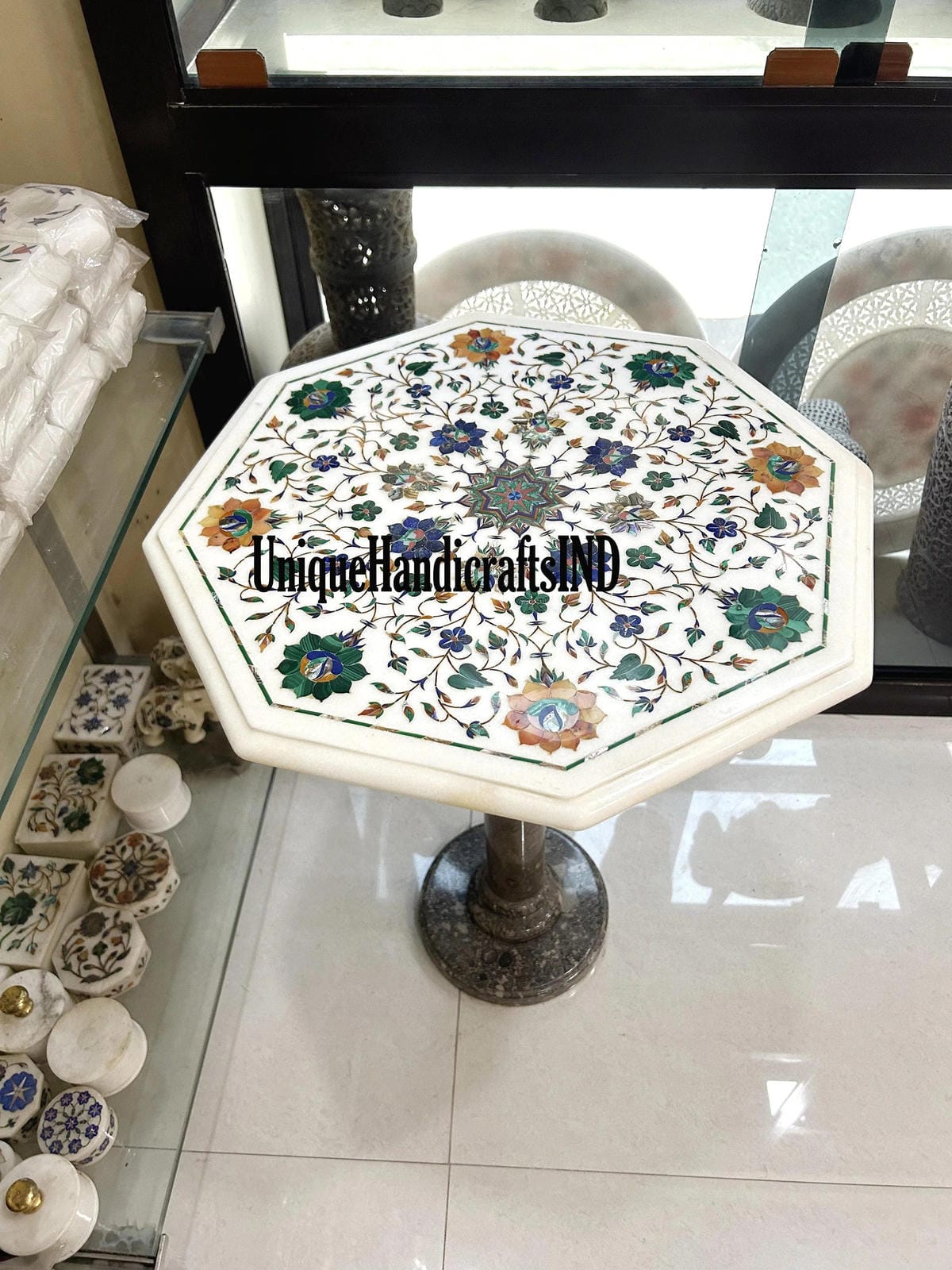 Marble Table Top Handmade Inlay with Lapis Lazuli Semi Precious Stone Marquetery Floral Fine Arts Home Decor Furniture Gift For Her wedding Unique Handicrafts IND