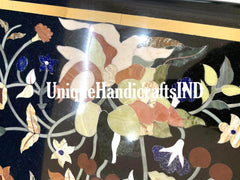 Black Marble Coffee Table Top with Semi Precious Stone Inlay, Floral Art Marquetry for Home & Hallway Decor, Table Top in Peitra Dura Art Unique Handicrafts IND