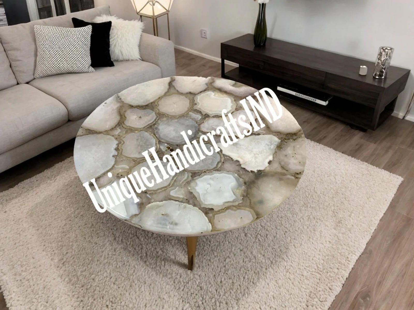 Coffee Table With White Salt Agate Natural Stone Handmade Round Living room Furniture Unique Handicrafts IND