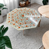 Marble Coffee Table Top Carnelian & Malachite Semi precious Gemstones Pietradura Floral Handmade Arts Mid Century Modern Furniture Unique Handicrafts IND
