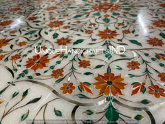 Marble Coffee Table Top Carnelian & Malachite Semi precious Gemstones Pietradura Floral Handmade Arts Mid Century Modern Furniture Unique Handicrafts IND