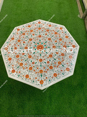 Marble Coffee Table Top Carnelian & Malachite Semi precious Gemstones Pietradura Floral Handmade Arts Mid Century Modern Furniture Unique Handicrafts IND