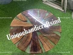 Round Wood Table Top with Clear Epoxy Resin - Handmade Coffee & Dining Table, Unique Resin Furniture, Home Decor Unique Handicrafts IND
