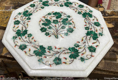 White Marble Corner Table Top Inlay Semi Precious Gemstones Pietradura Handmade Home Room Decor Unique Handicrafts IND