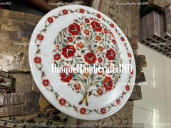 Marble Side Table Top Semi Precious Stone Carnelian Inlay Handmade Pietra Dura Art Home Decor Unique Handicrafts IND