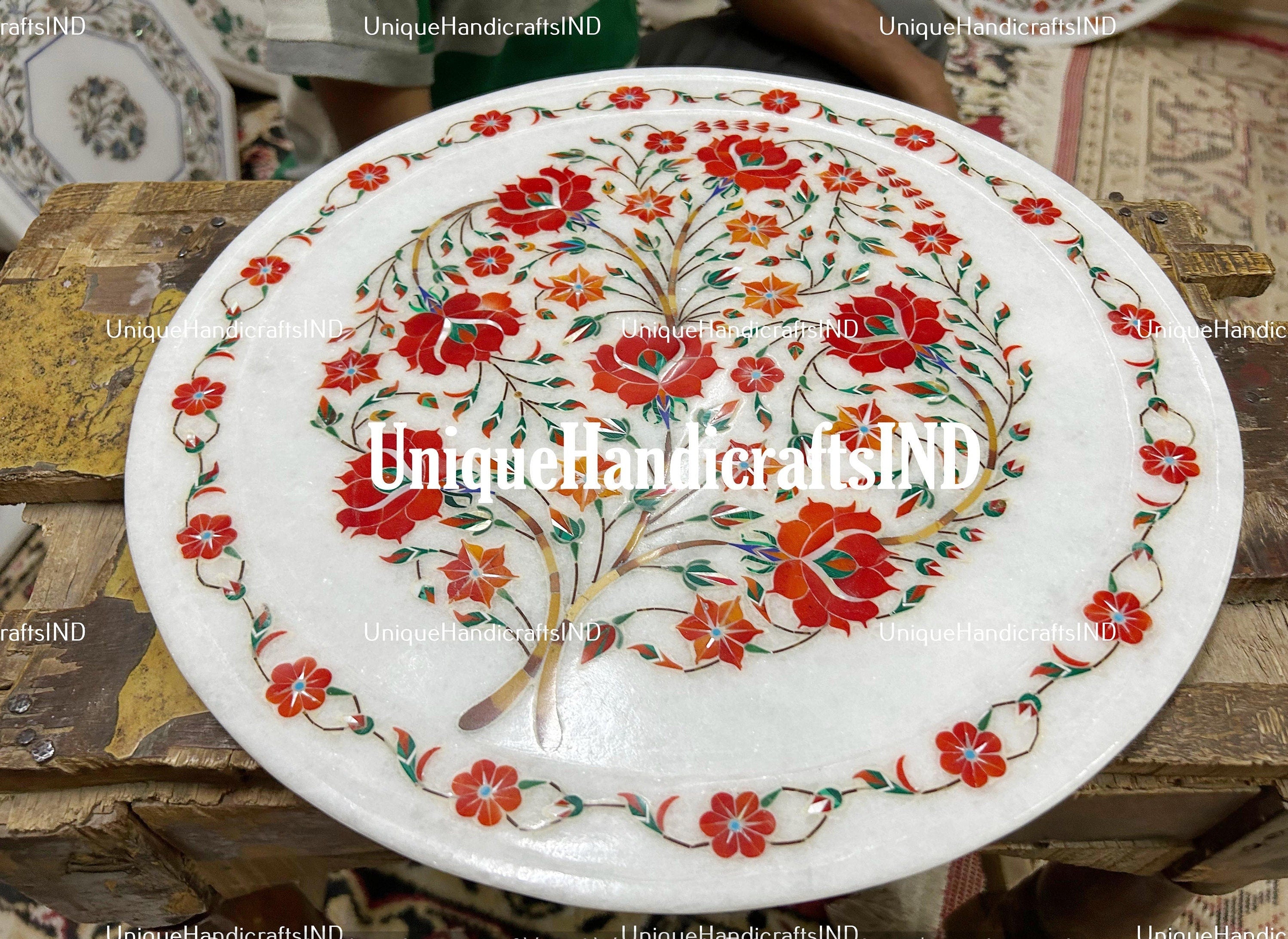 Marble Side Table Top Semi Precious Stone Carnelian Inlay Handmade Pietra Dura Art Home Decor Unique Handicrafts IND