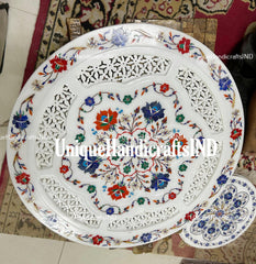 Round Coffee Table / Marble Inlay Breakfast Table / Filigree Arts Semi Precious Inlay Floral Arts Home Decor Table Unique Handicrafts IND