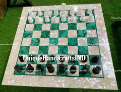Christmas Gifts Chess And Draughts Set With Malachite & Mother of Pearls Stone Mosaic Arts/ Marble Chess Pieces Father's Day Gift Unique Handicrafts IND
