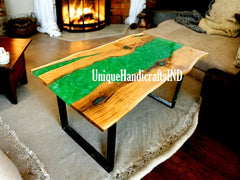 Epoxy Coffee Table With Green Resin River Natural Wood Handmade Furniture Coffee, Dining Table For Indoor and Outdoor Decor Unique Handicrafts IND
