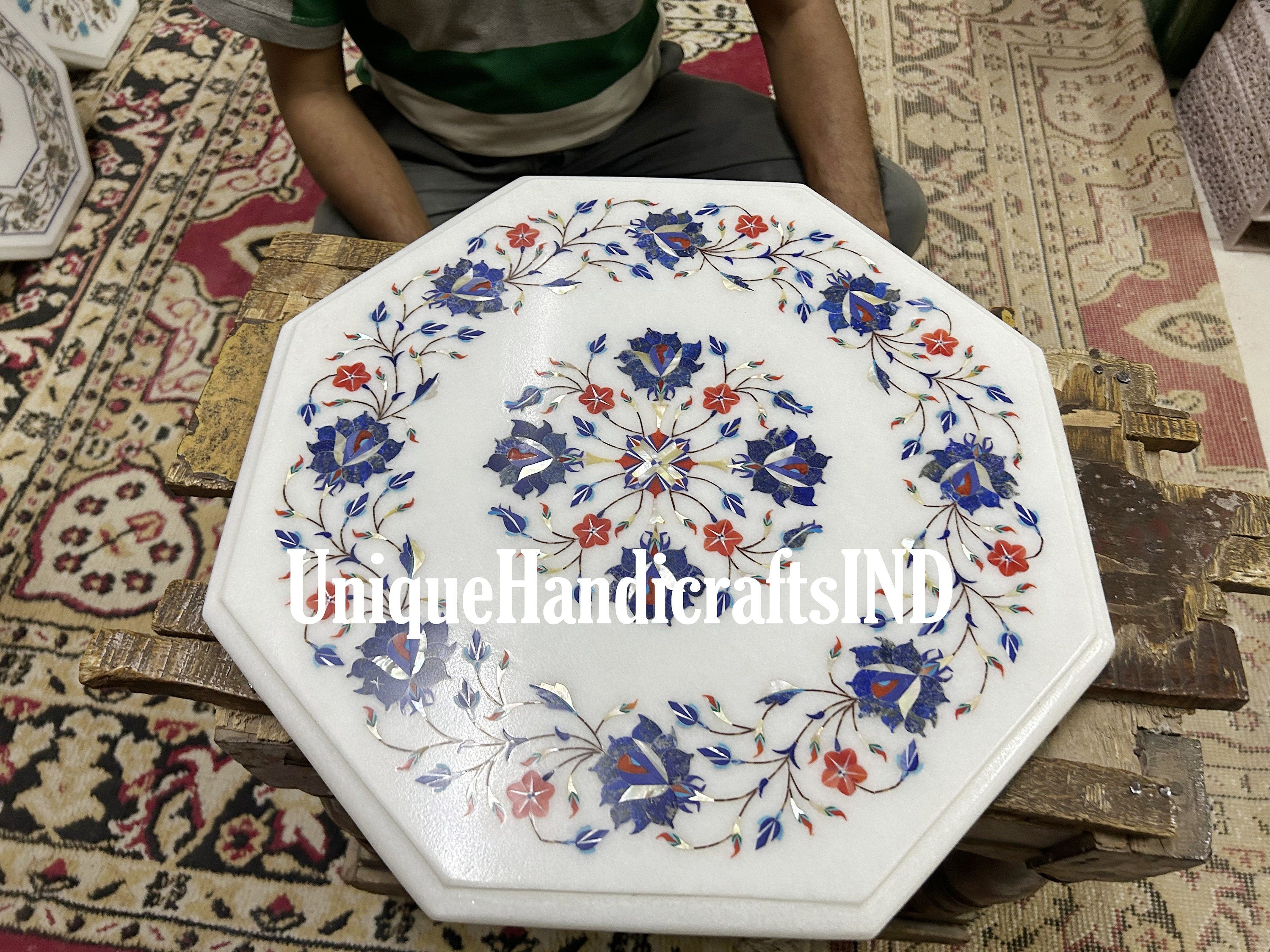 Marble End Table & Coffee Table, Flower Design Marble Table Top, Small Marble Table Top for Balcony, Marble Furniture Table for living room Unique Handicrafts IND
