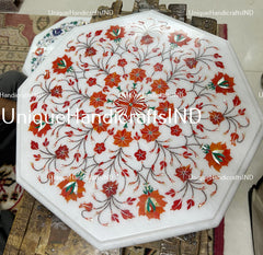 Exquisite Handcrafted Marble Inlay Coffee Tabletop - Unique Design Carnelian Marquetry Floral Arts Fathers day Best Gifts Idea Unique Handicrafts IND