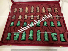 Christmas Gifts Marble Green And Yellow Chess Pieces Game Board's Hand Carved Work Malachite Stone Home Decor and Gifts Unique Handicrafts IND