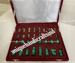 Christmas Gifts Marble Green And Yellow Chess Pieces Game Board's Hand Carved Work Malachite Stone Home Decor and Gifts Unique Handicrafts IND