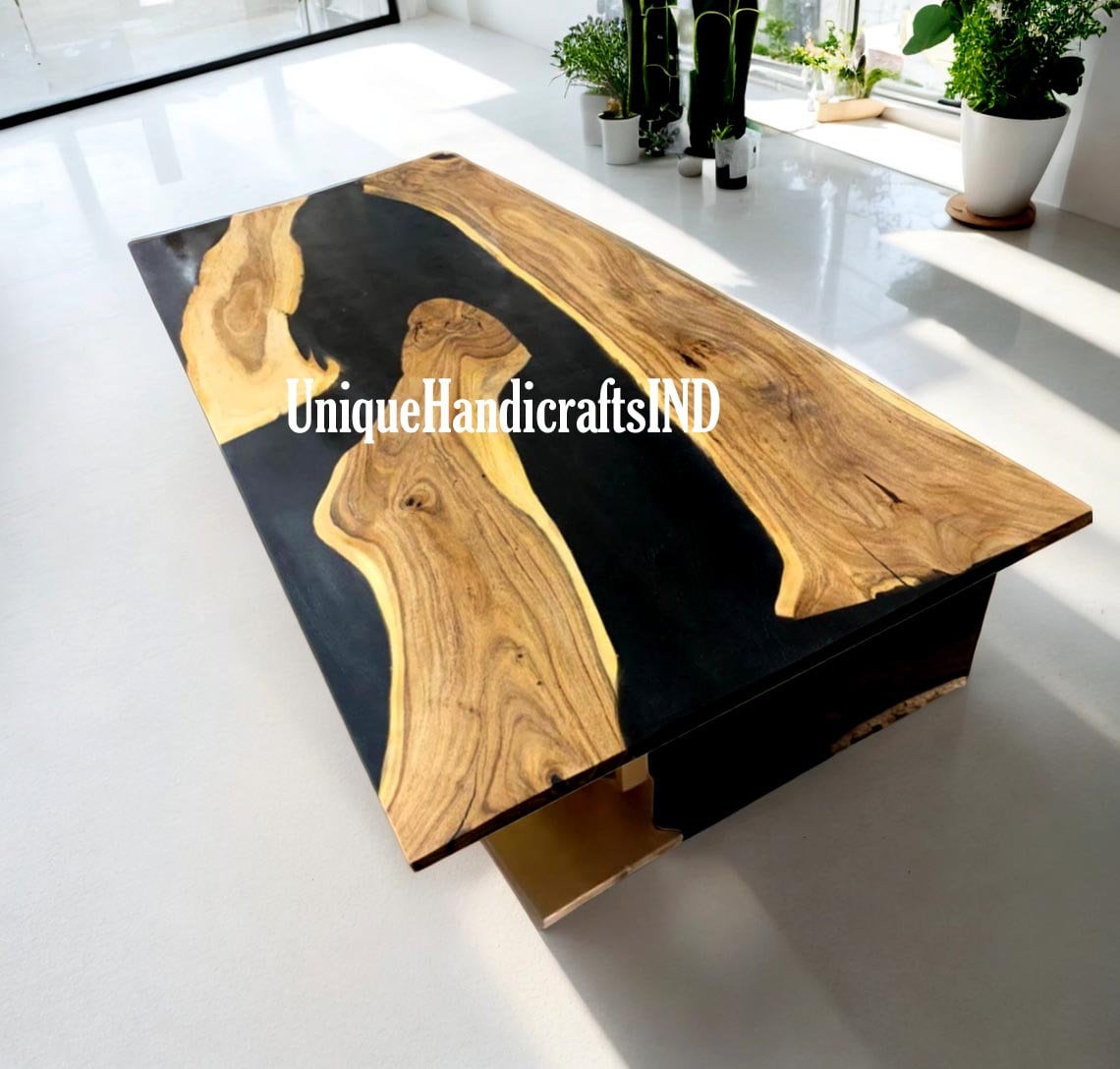 River Table With Black Epoxy Resin, Modern Kitchen Table, Epoxy Table, Handmade, Live Edge Table, Study Desk, Wood Dining Table, Office Desk Unique Handicrafts IND