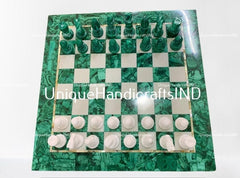 Christmas Gift Chess Set in Green Malachite Stone , Stone inlay Art / Marble Handmade Malachite Chess Table Top For Fathers Day Gift Unique Handicrafts IND