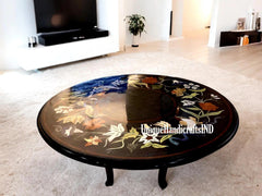 Coffee Table With Black Marble Semi Precious Inlay Pietradura Lapis Floral Art Home Decor Fathers Day Gift Unique Handicrafts IND