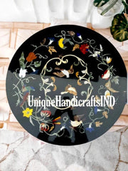 Black Marble Coffee Table Top Handmade Semi Precious Stone Birds Inlay Marquetry Art Home Decor Collectible Furniture Gift For Her Unique Handicrafts IND