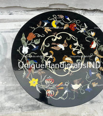 Black Marble Coffee Table Top Handmade Semi Precious Stone Birds Inlay Marquetry Art Home Decor Collectible Furniture Gift For Her Unique Handicrafts IND