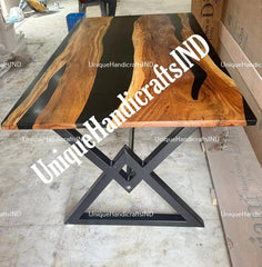 Walnut Table With Black Epoxy resin Art, Live Edge Dining Table, Dining Table, Kitchen Dining Table, Walnut Slab, Live Edge Table Home Decor Unique Handicrafts IND