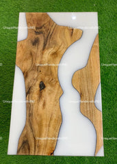 Resin Epoxy Table Top With White Epoxy on Acacia Wood, Dining Table, Live Edge Wooden Table, Resin River Table ( Customizable) Unique Handicrafts IND