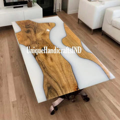 Resin Epoxy Table Top With White Epoxy on Acacia Wood, Dining Table, Live Edge Wooden Table, Resin River Table ( Customizable) Unique Handicrafts IND