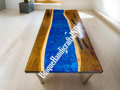 Epoxy Dining Table, Blue Epoxy Table Top, Rustic dining table, Farm Table, Farmhouse Table, Coffee Table, Dining Room Table, Dine Furniture Unique Handicrafts IND