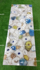 Console Table / White Quartz Stone With Blue & Yellow Agate stone/ Handmade Natural Agate Gem stones Counter Top Slab Home Decor Unique Handicrafts IND