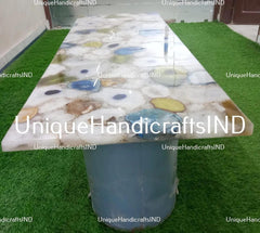 Console Table / White Quartz Stone With Blue & Yellow Agate stone/ Handmade Natural Agate Gem stones Counter Top Slab Home Decor Unique Handicrafts IND