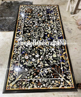 Black Marble Inlay Dining Table Top Handmade Semi Precious Stone Inlay Work PIETRA DURA Art Decor Unique Handicrafts IND