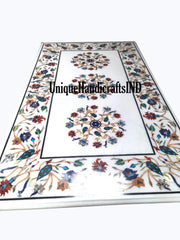 Marble Dining Table Top Semi Precious Stone Inlay Floral Work Handmade Pietra Dura Art Handmade Living Room Decor Furniture Unique Handicrafts IND