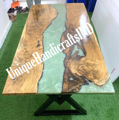 Epoxy Dining Table, Dining Room Furniture, Kitchen Table, Natural Wooden Table , Green Epoxy Resin Table, Natural Wood Furniture Unique Handicrafts IND