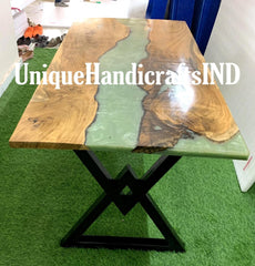 Epoxy Dining Table, Dining Room Furniture, Kitchen Table, Natural Wooden Table , Green Epoxy Resin Table, Natural Wood Furniture Unique Handicrafts IND