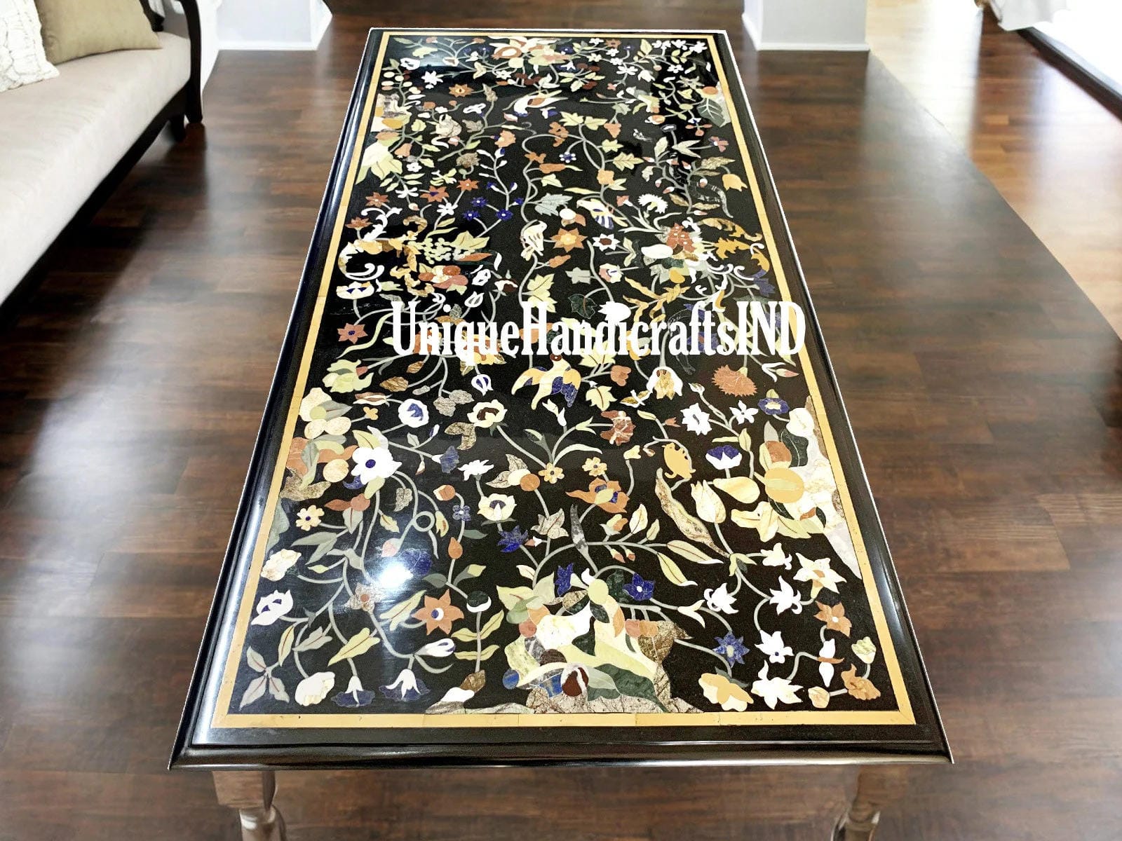 Black Marble Coffee Table Top with Semi Precious Stone Inlay, Floral Art Marquetry for Home & Hallway Decor, Table Top in Peitra Dura Art Unique Handicrafts IND
