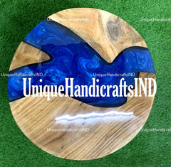 Round Epoxy Dining Table, Round Epoxy Table With Blue Resin River Arts Handmade Furniture For Gift Her Unique Handicrafts IND
