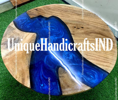 Round Epoxy Dining Table, Round Epoxy Table With Blue Resin River Arts Handmade Furniture For Gift Her Unique Handicrafts IND