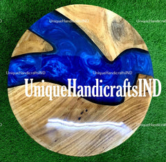 Round Epoxy Dining Table, Round Epoxy Table With Blue Resin River Arts Handmade Furniture For Gift Her Unique Handicrafts IND
