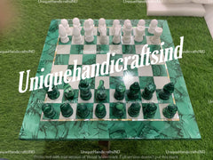 Christmas Gifts Malachite Chess Board With Marble Chess Pieces Indoor Adult Chess Game Handmade Top Quality Marble Chess Gift Item Unique Handicrafts IND