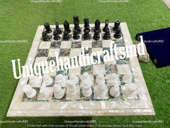 Christmas Gifts White Marble Chess Set - Handmade Indoor Game with Pauashell Inlaid - Unique Gift for Dad & Top Table Decoration Unique Handicrafts IND