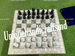 Christmas Gifts White Marble Chess Set - Handmade Indoor Game with Pauashell Inlaid - Unique Gift for Dad & Top Table Decoration Unique Handicrafts IND