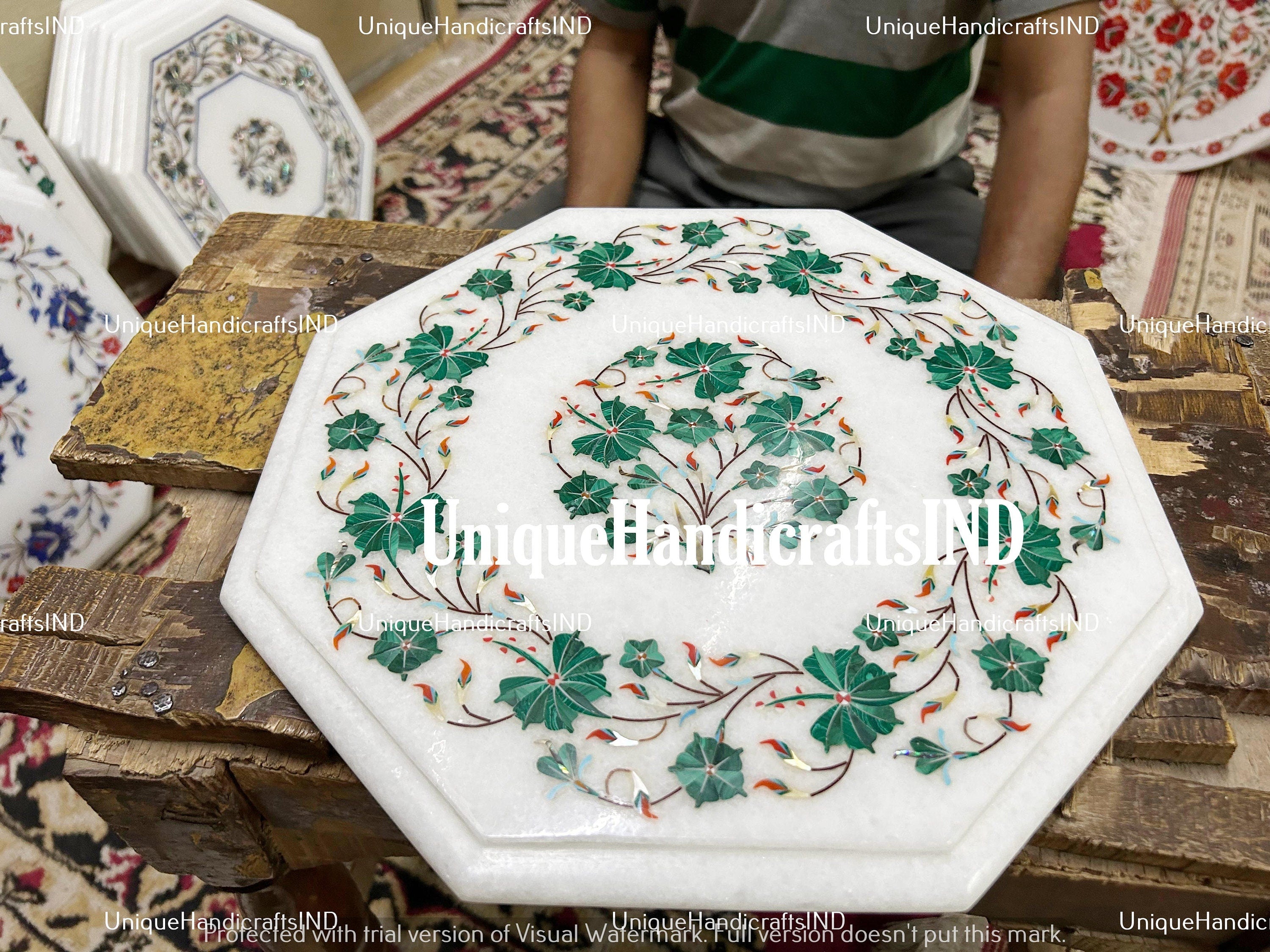 White Marble Corner Table Top Inlay Semi Precious Gemstones Pietradura Handmade Home Room Decor Unique Handicrafts IND
