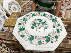 White Marble Corner Table Top Inlay Semi Precious Gemstones Pietradura Handmade Home Room Decor Unique Handicrafts IND