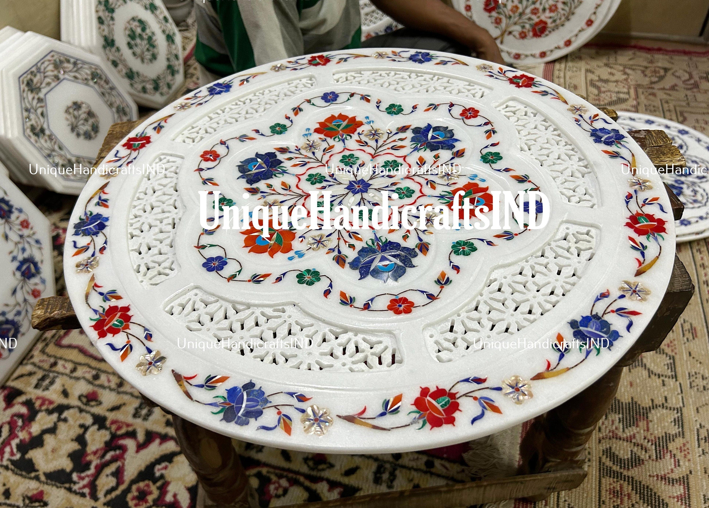 Round Coffee Table / Marble Inlay Breakfast Table / Filigree Arts Semi Precious Inlay Floral Arts Home Decor Table Unique Handicrafts IND