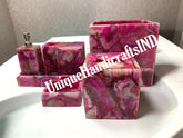 Pink Agate Bathroom Set 7 Pcs, Crystal Stone, Master Piece Soap Dispenser, Soap Dish, Vanity Tray, Box Brush Holder Trash Bin, Tissue Box Unique Handicrafts IND