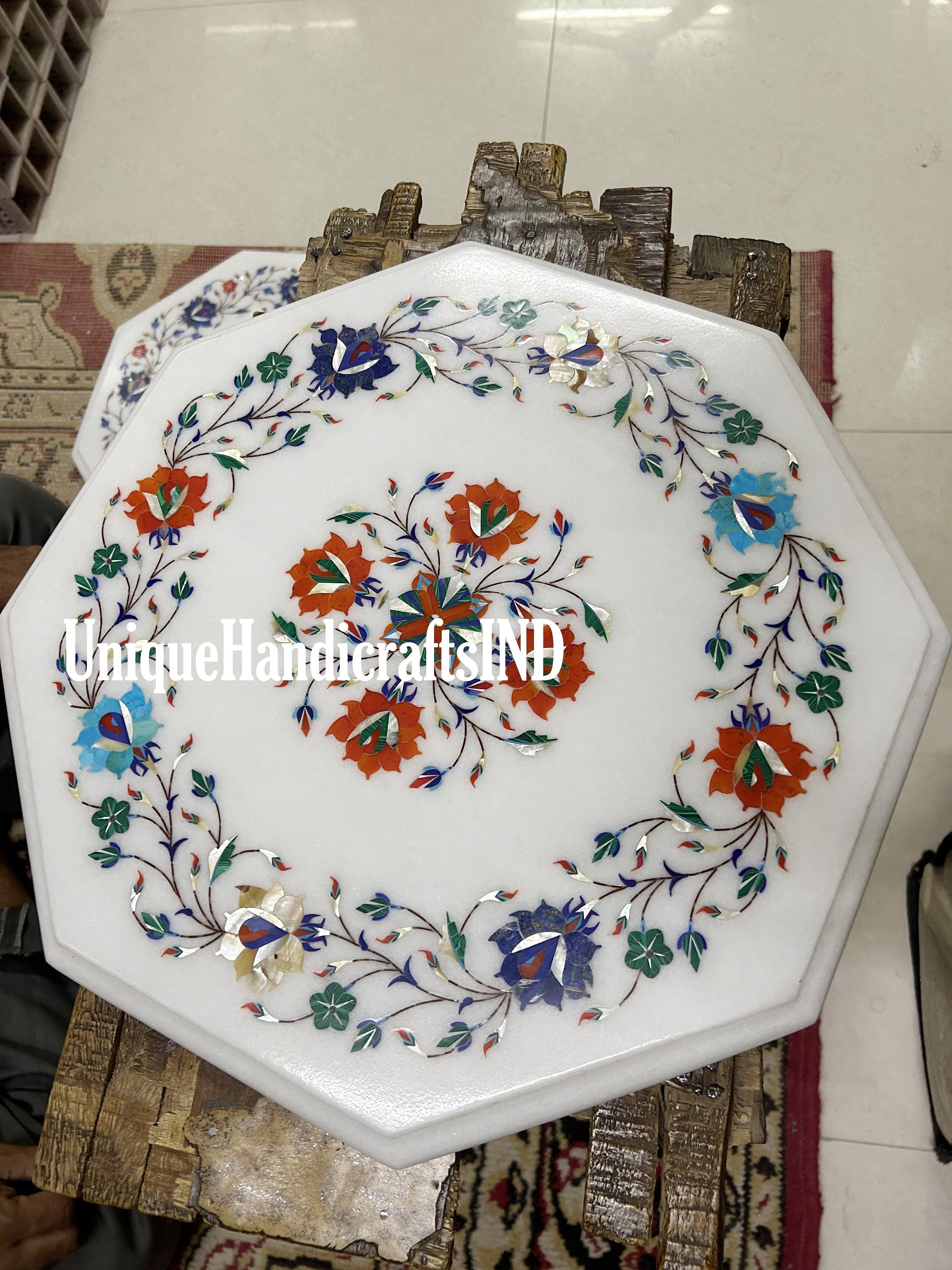 Marble Inlay Coffee End Table Top, Handmade Semiprecious Stone Inlaid Side Table, Living Room Table Top Marble Furniture Best Gift Idea Unique Handicrafts IND