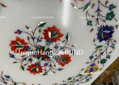 Marble Inlay Coffee End Table Top, Handmade Semiprecious Stone Inlaid Side Table, Living Room Table Top Marble Furniture Best Gift Idea Unique Handicrafts IND